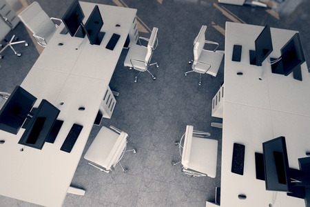 Top shot of an office workspace arrangement - white desks and armchairs   Illustrates arrangement...