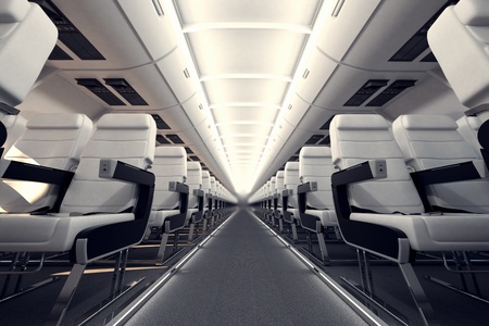 View on an aisle between rows of passanger seats on internacional aircraft's board. の写真素材