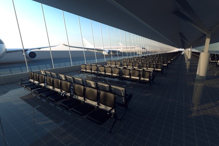 View on an aisle of modern airport terminal with black leather seats on a sunny morning. A huge viewing glass facade with a passenger aircraft behind it.の写真素材