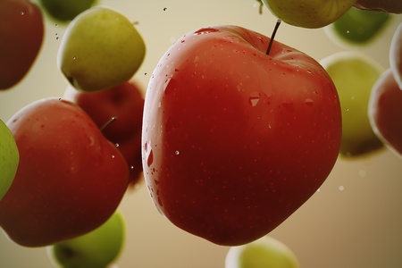 Closeup on a juicy sweet red apple on a bright background. Represent freshness, vitamins, dieting and organic food. の写真素材