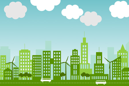 Illustration of green, eco-friendly city with wind turbines and trees.の写真素材