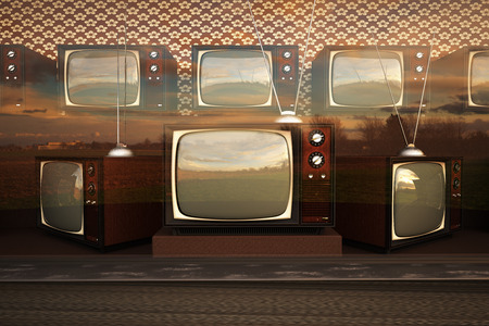 Exhibition Of Old Retro Color Tv Sets With Antennaの写真素材