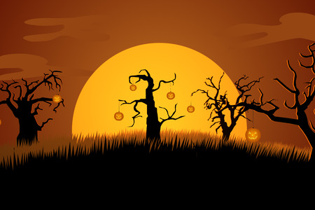 A Creepy Graveyard Halloween Background Scene With Graves, Trees And Spooky Moonlit Skyの写真素材