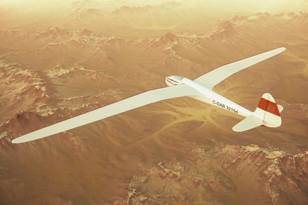 Sepia toned render of a sailplane soaring over snow covered mountains.