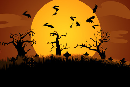 A Creepy Graveyard Halloween Background Scene With Graves, Trees And Spooky Moonlit Skyの写真素材