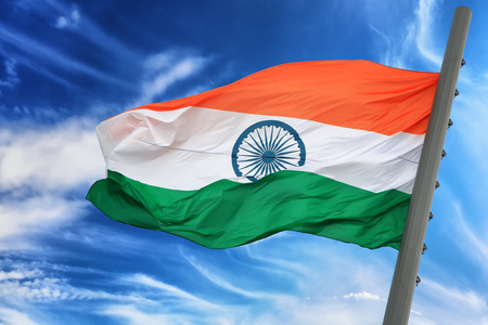 The Indian flag against the blue skyの写真素材