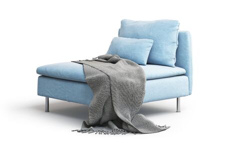 Modern blue textile chaise longue with pillows and plaid on white background with shadows....