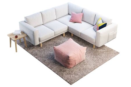 3d render of white fabric corner sofa with beige rug and wooden coffee table on white background....