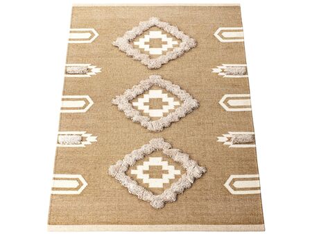 Scandinavian tassel carpet with long pile. Rug with ethnic geometric pattern on white background. 3d renderの写真素材