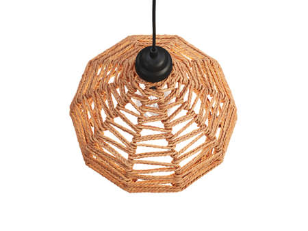 Mid-century modern ceiling lamp with zig zap pattern rope shade on white background. Mid-century,...