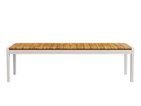 Modern style outdoor bench with a slatted teak wood top on white background. White metal bench with...