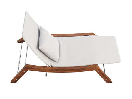 Modern chaise lounge with fabric upholstery and wooden base on white background. Chaise longue with...