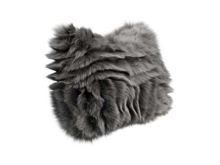 Black fluffy rectangular eco fur throw pillow with geometric pattern. Accent pillow with cotton fabric base and long pile on white background. Mid-century, Farmhouse, Chalet, Scandinavian interior. 3d renderingの写真素材