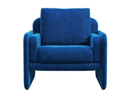 Modern textile chair. Blue velvet upholstery cushioned armchair on white background. Mid-century, Loft, Chalet, Scandinavian interior. 3d renderingの写真素材