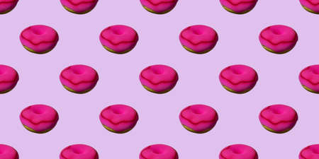 Seamless pattern: Pink 3D donut on a purple background is a realistic sweet dessert with a top. 3D renderingの写真素材