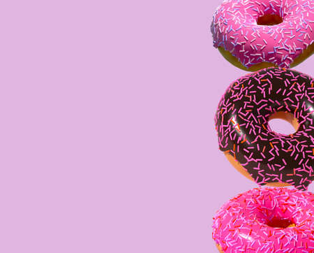 3D donuts on a purple background is a realistic sweet dessert with a top. 3D renderingの写真素材