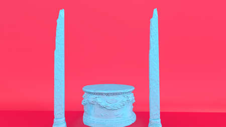 3d render colorful roman marbel ornate podium and broken column on pink background