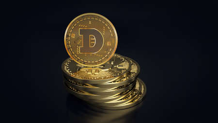 Stack of doge coin top of bitcoin Digital currency. Cryptocurrency doge the new virtual money Close up 3D render of golden dogecoinの写真素材