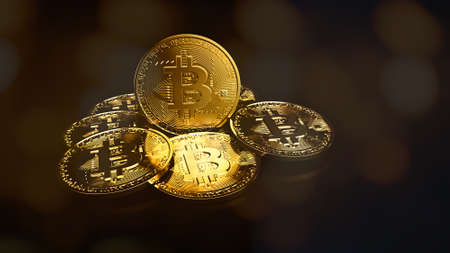 stack of bitcoin digital currency. Cryptocurrency BTC the new virtual money Close up 3D render of...