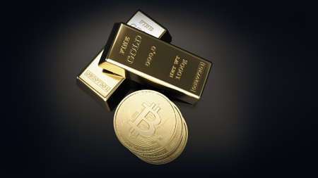 bitcoin with gold bar digital currency. Cryptocurrency BTC the new virtual money Close up 3D render of golden Bitcoins on black backgroundの写真素材