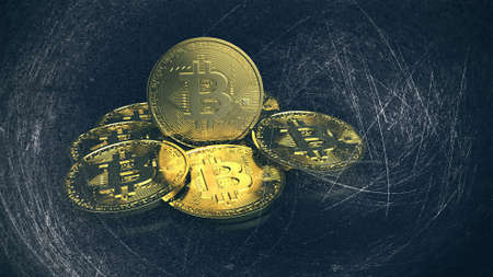 stack of bitcoin digital currency. Cryptocurrency BTC the new virtual money Close up 3D render of...