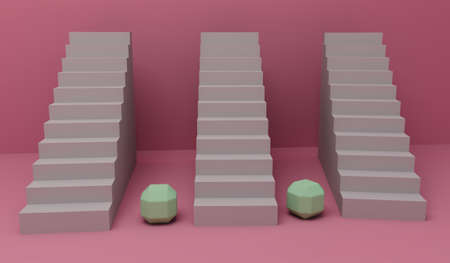 three Stairs with cube Spheres on pink Background 3d Renderの写真素材