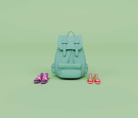3d render of backpack and two pair of colorful shoes isolated on Pastel background, 3d background minimal sceneの写真素材