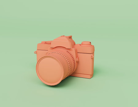3d render of Analog camera pink color, 3d illustration isolated on pastel colors, minimal sceneの写真素材
