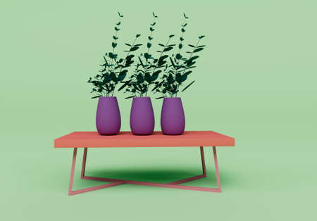 3d render of coffee table and plant pot isolated on Pastel background, 3d background minimal sceneの写真素材