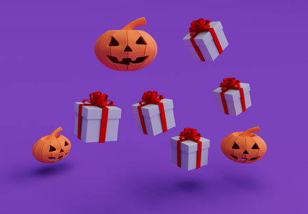 3d rendering of Halloween pumpkin and gift box, minimal Halloween background design elementの写真素材