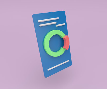 Business trend analysis on smartphone screen with pie chart graphs, 3d render illustration on pastel pink background.の写真素材