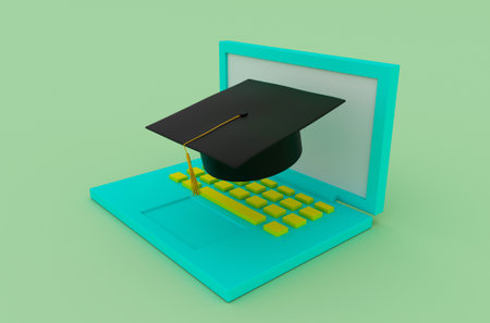 3d illustration online Graduation cap hat with tassel, icon Mortarboard with laptopの写真素材