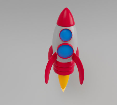 3d illustration rendering minimal spaceship rocket fly on white background.の写真素材