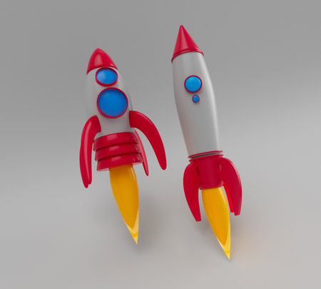 3d illustration rendering minimal spaceship rocket fly on white background.の写真素材