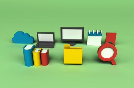 book,monitor and bookmark set icon 3d illustration on Pastel Green background.の写真素材