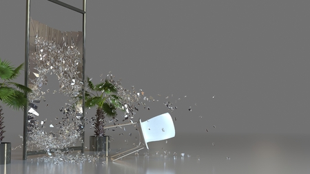 Chair thrown through office partition  Glass shattering 