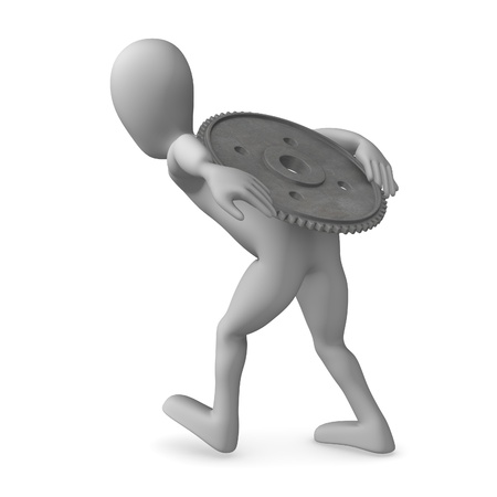 3d render of cartoon character with gear wheelの写真素材