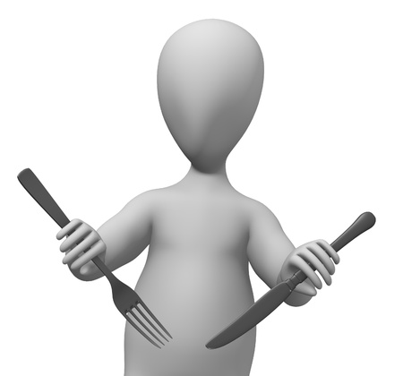 3d render of cartoon character with fork and knifeの写真素材