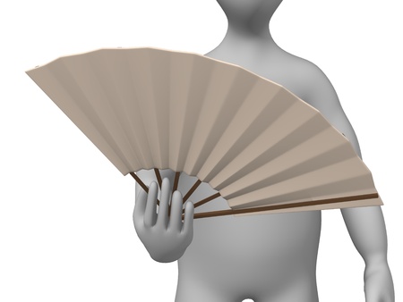 3d render of cartoon character with hand fanの写真素材