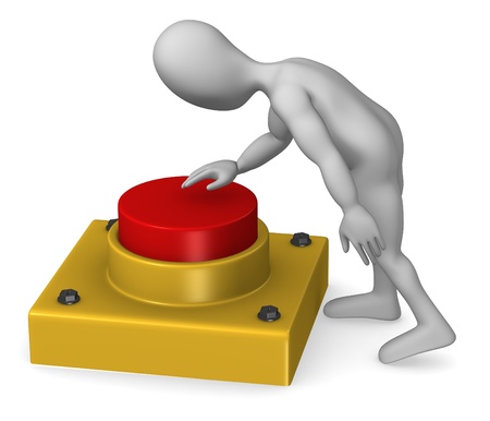 3d render of cartoon character with red button
