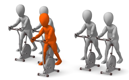3d render of cartoon character with cardio bikeの写真素材