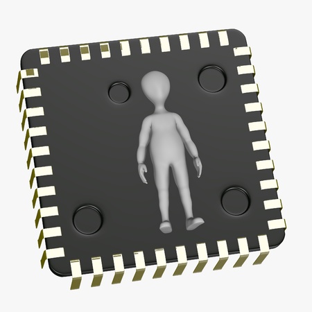 3d render of cartoon character with computer chip