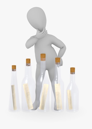 3d render of cartoon character with message in bottleの写真素材