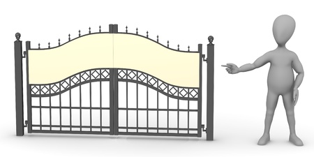 3d render of cartoon character with fence gateの写真素材