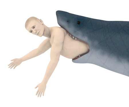 3d render of artificial character eaten by shark
