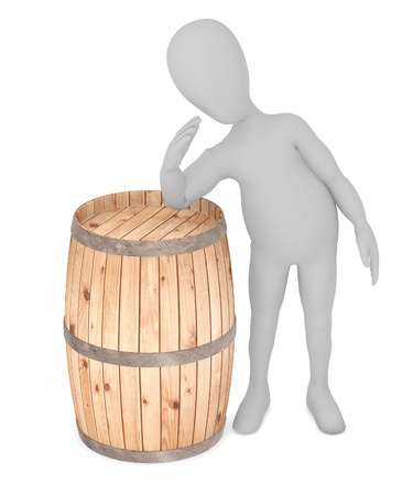 3d render of cartoon character with wooden barrelの写真素材
