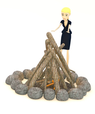 3d render of cartoon character with campfireの写真素材