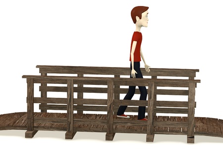 3d render of cartoon character walking on bridgeの写真素材