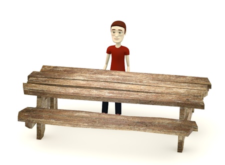 3d render of cartoon character sit behind tableの写真素材