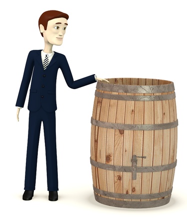 3d image of cartoon character with wooden barrelの写真素材
